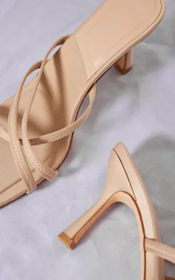 Sand Lycra Square Toe Cross Strap Heeled Mules