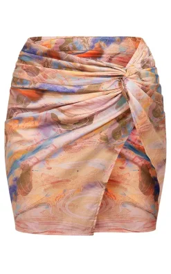 Sand Marble Printed Twist Front Split Leg Mini Skirt