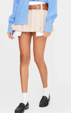 Sand Stripe Pleated Belt Detail Mini Skirt