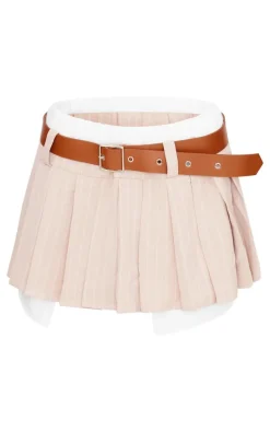 Sand Stripe Pleated Belt Detail Mini Skirt