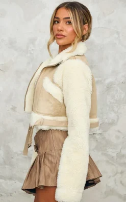 Sand Teddy Contrast Faux Suede Croppped Aviator Jacket