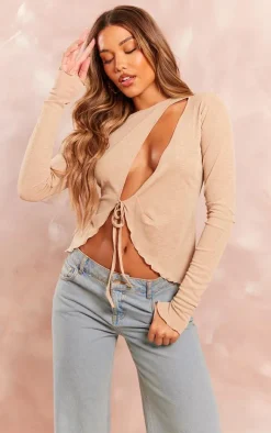 Sand Textured Sheer Extreme Open Tie Wrap Longline Top