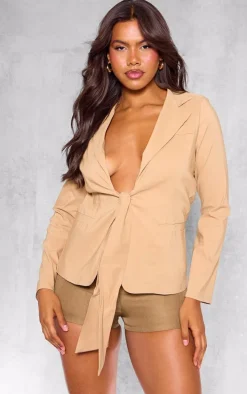 Sand Tie Front Bow Textured Blazer