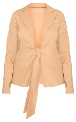 Sand Tie Front Bow Textured Blazer