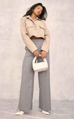 Sand Wool Look Button Up Structured Crop Jacket