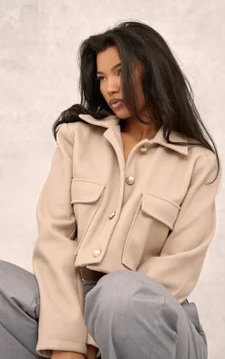 Sand Wool Look Button Up Structured Crop Jacket
