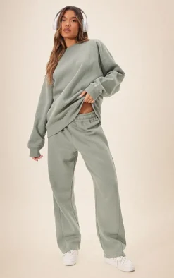 Sea Green Panelled Rib Detail Wide Leg Sweatpants