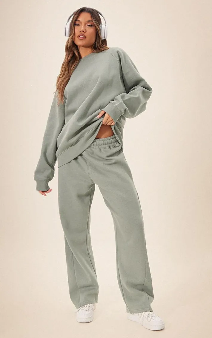 Sea Green Panelled Rib Detail Wide Leg Sweatpants
