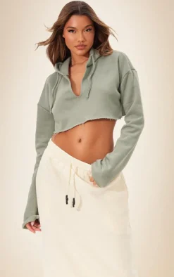 Sea Green V Neck Raw Hem Cropped Hoodie
