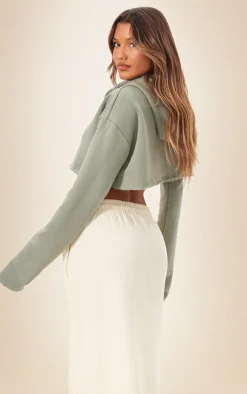 Sea Green V Neck Raw Hem Cropped Hoodie