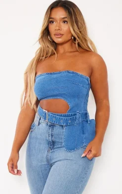 Shape Acid Blue Wash Denim Cut Out Buckle Detail Top