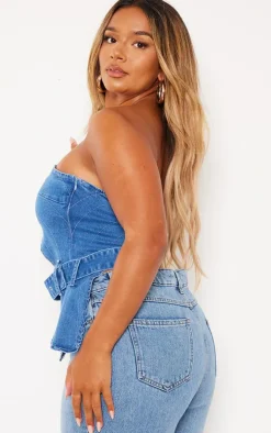 Shape Acid Blue Wash Denim Cut Out Buckle Detail Top