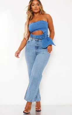 Shape Acid Blue Wash Denim Cut Out Buckle Detail Top