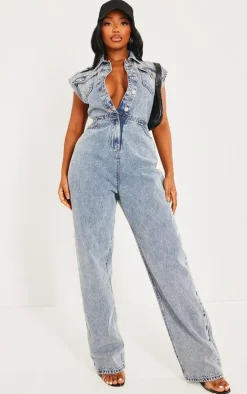 Shape Acid Blue Wash Sleeveless Rigid Denim Jumpsuit