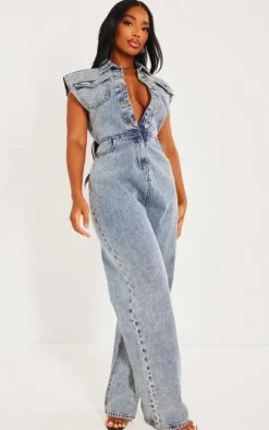 Shape Acid Blue Wash Sleeveless Rigid Denim Jumpsuit