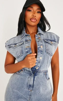 Shape Acid Blue Wash Sleeveless Rigid Denim Jumpsuit
