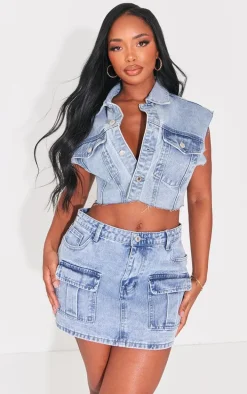 Shape Acid Blue Washed Denim Raw Hem Edge Cropped Jacket