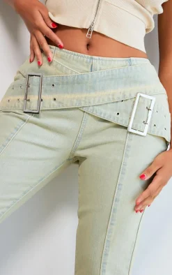 Shape Acid Green Washed Denim Belted Flare Jeans