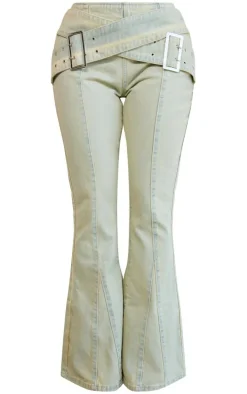 Shape Acid Green Washed Denim Belted Flare Jeans