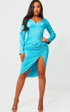 Shape Aqua Satin Corset Detail Long Sleeve Ruched Midi Dress