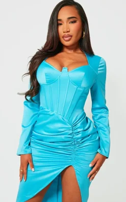 Shape Aqua Satin Corset Detail Long Sleeve Ruched Midi Dress