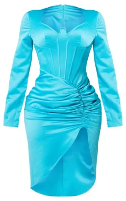 Shape Aqua Satin Corset Detail Long Sleeve Ruched Midi Dress