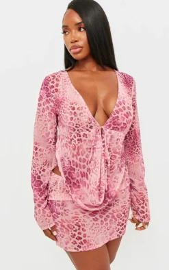 Shape Baby Pink Chiffon Leopard Printed Long Sleeve Plunge Top