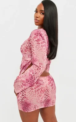 Shape Baby Pink Chiffon Leopard Printed Long Sleeve Plunge Top