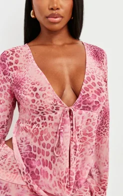 Shape Baby Pink Chiffon Leopard Printed Long Sleeve Plunge Top