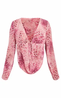 Shape Baby Pink Chiffon Leopard Printed Long Sleeve Plunge Top