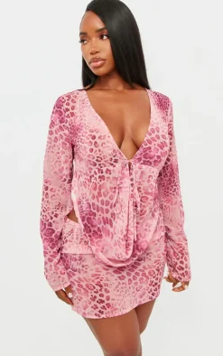 Shape Baby Pink Chiffon Leopard Printed Mini Skirt