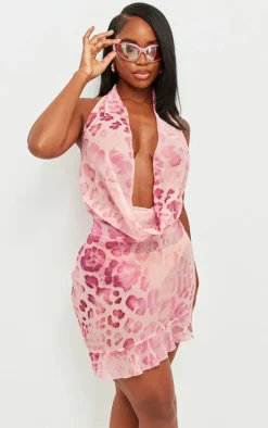 Shape Baby Pink Leopard Printed Cowl Neck Frill Detail Bodycon Dress