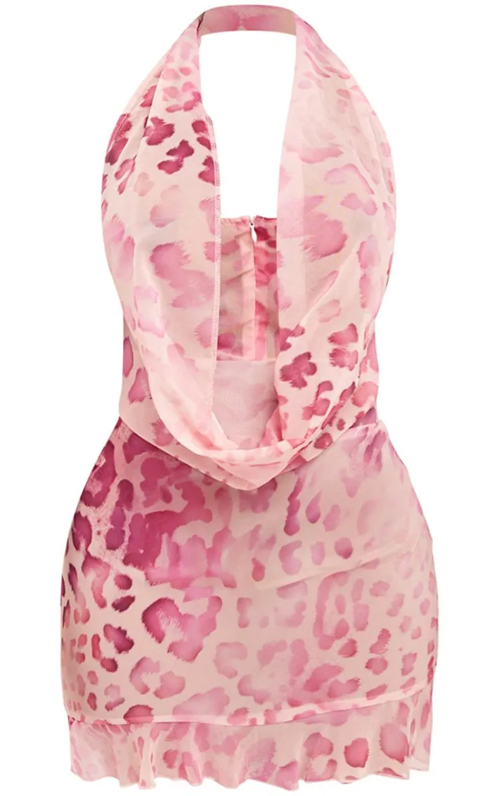 Shape Baby Pink Leopard Printed Cowl Neck Frill Detail Bodycon Dress