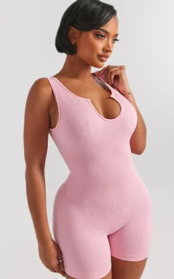 Shape Baby Pink Snatched Rib Plunge Front Unitard