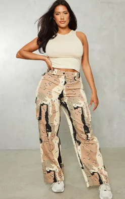 Shape Beige Camo Print Pocket Detail Wide Leg Cargo Pants