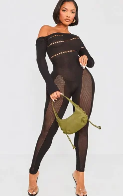 Shape Black Bardot Knitted Hole Detailed Jumpsuit