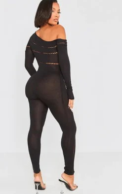 Shape Black Bardot Knitted Hole Detailed Jumpsuit