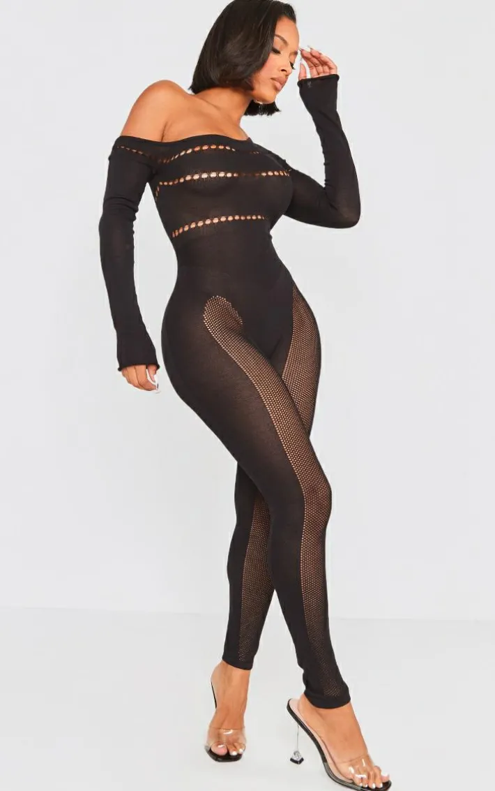 Shape Black Bardot Knitted Hole Detailed Jumpsuit