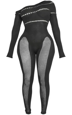 Shape Black Bardot Knitted Hole Detailed Jumpsuit