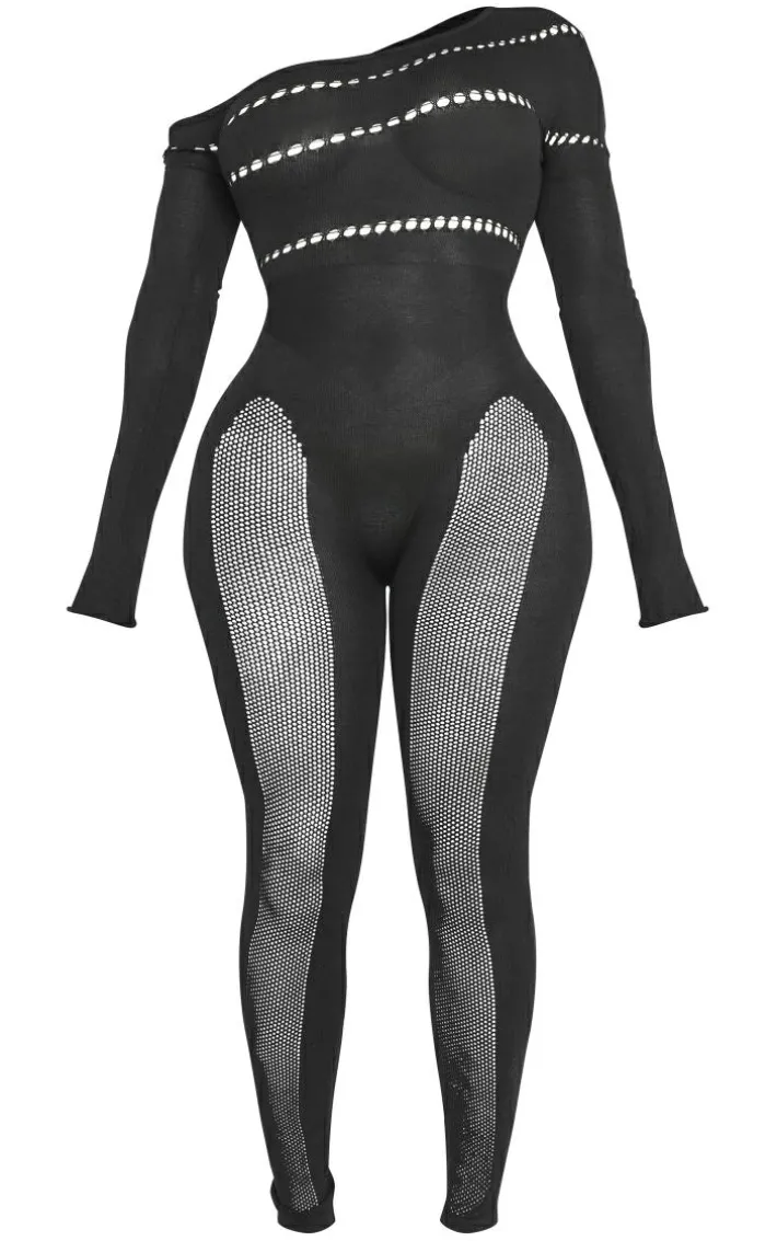 Shape Black Bardot Knitted Hole Detailed Jumpsuit
