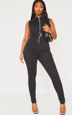 Shape Black Belted Detail Stretch Denim Jumpsuit
