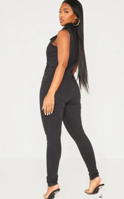 Shape Black Belted Detail Stretch Denim Jumpsuit