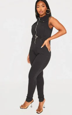 Shape Black Belted Detail Stretch Denim Jumpsuit