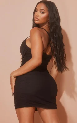 Shape Black Bralet Detail Mesh Cowl Ruched Bodycon Dress