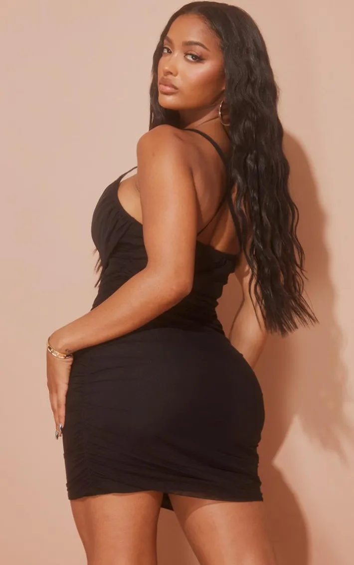 Shape Black Bralet Detail Mesh Cowl Ruched Bodycon Dress