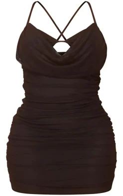 Shape Black Bralet Detail Mesh Cowl Ruched Bodycon Dress