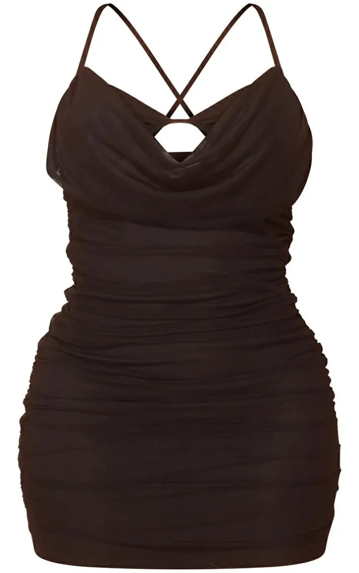 Shape Black Bralet Detail Mesh Cowl Ruched Bodycon Dress