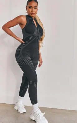 Shape Black Branded Contour Detail Zip Sports Jumpsuit