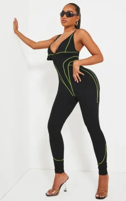 Shape Black Branded Contrast Stitch Zip Detail Gym Jumpsuit