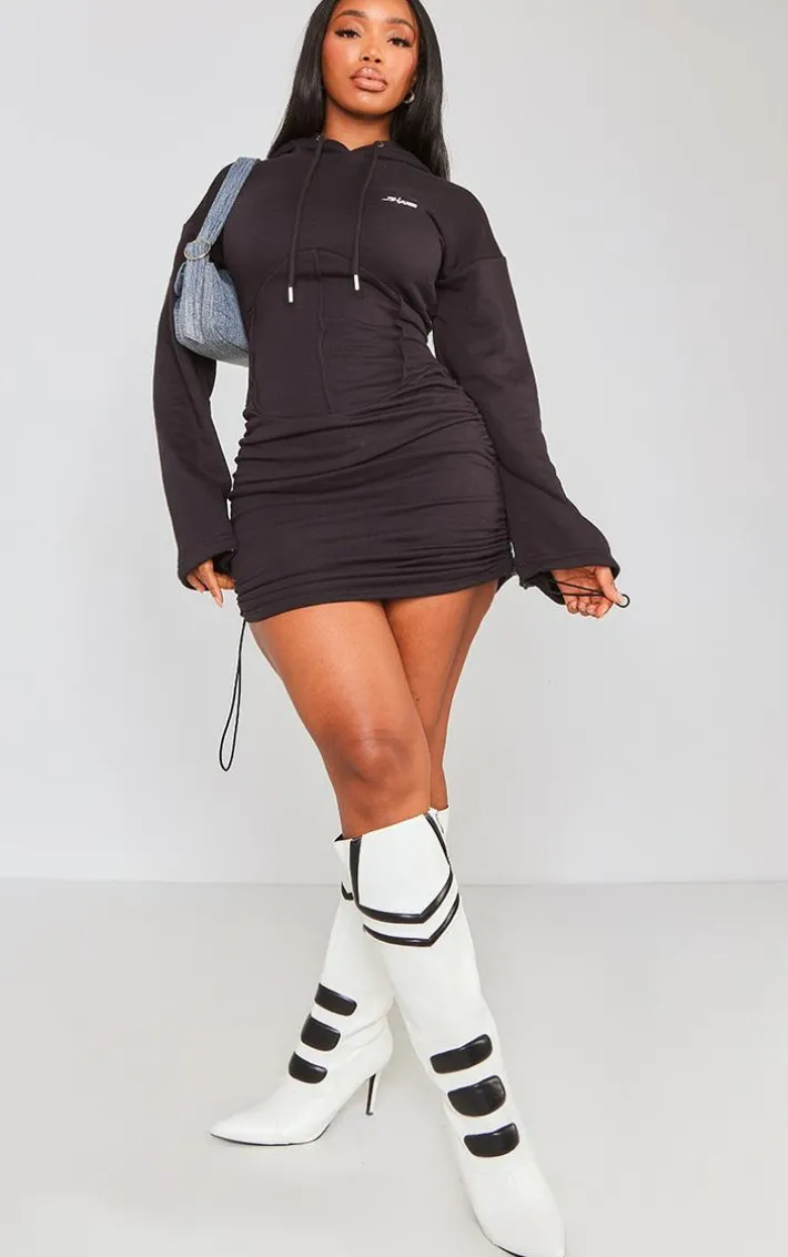 Shape Black Branded Corset Detail Hooded Sweater Dress